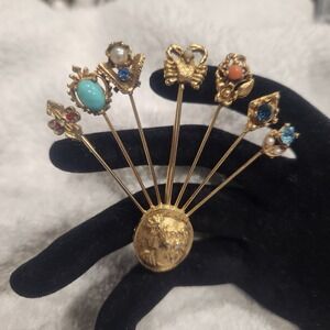 Victorian  Gold Tone Multi Stick Pin Fan Brooch Cameo Base Rhinestone Faux Pearl